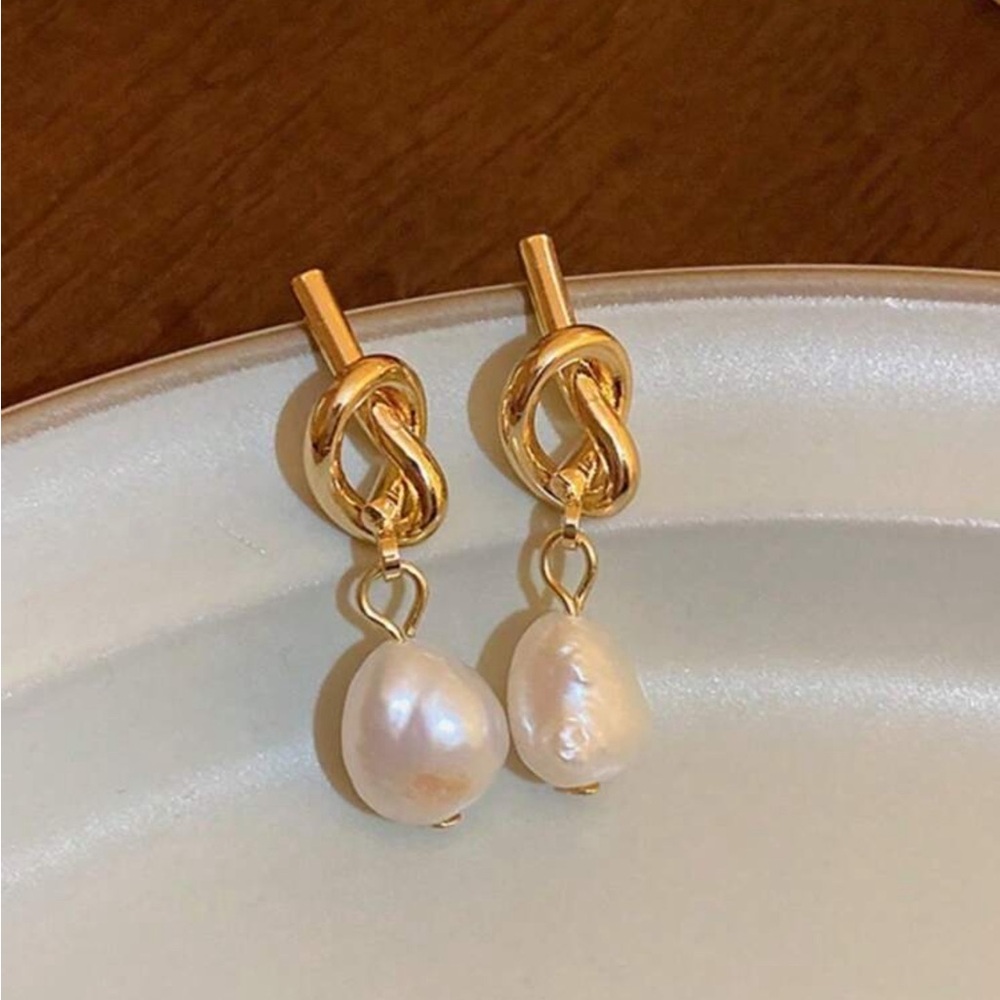Gold and White Pearl Drop Earrings - Picture 4 of 5
